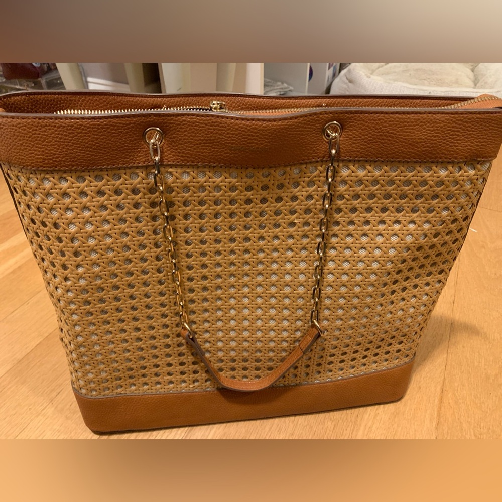 Brown Rattan Caning Woven Faux Leather Tote Bag